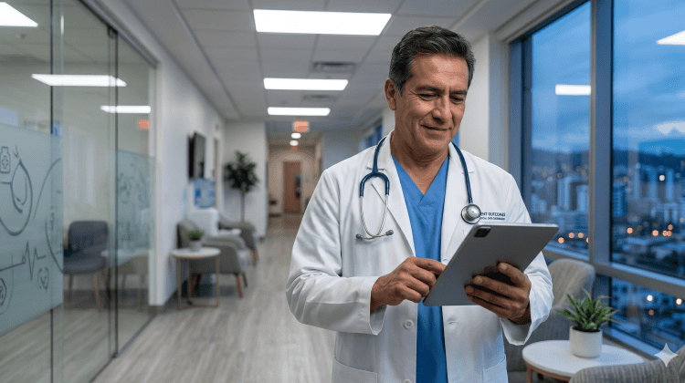 Cirujano médico exitoso analizando resultados de estrategia de marketing médico en clínica de alta tecnología en Ecuador