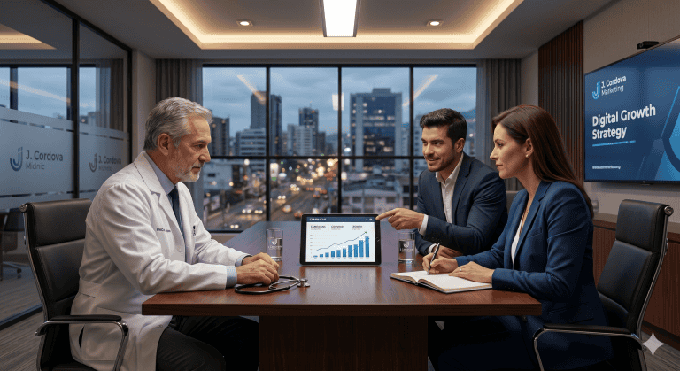 Consultores de J. Córdova Marketing presentando estrategia de marketing médico y ROI en clínica privada.