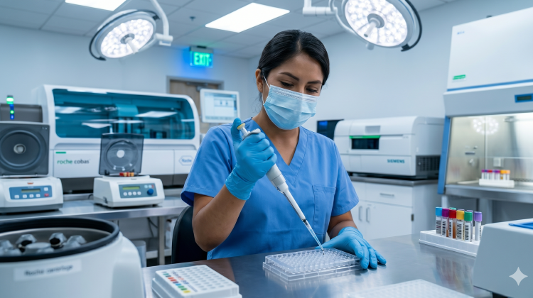 Técnica de laboratorio realizando análisis clínico con precisión en laboratorio moderno de Ecuador.