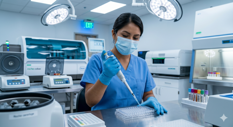 Técnica de laboratorio realizando análisis clínico con precisión en laboratorio moderno de Ecuador.